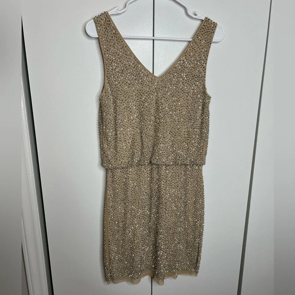 Cache - Silver beaded tan mini dress, sparkly - size 2 - Picture 4 of 7